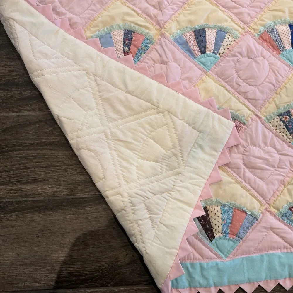 Handmade Pink & Blue Baby Fan Quilt Hearts Triangle Edges 48x39” Nursery Toddler